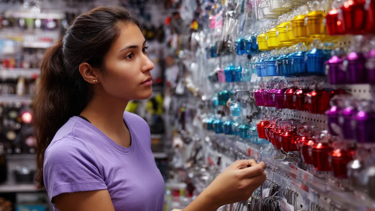 A young woman carefully selecting colorful decorative items from a vibrant display at a retail store, showcasing her thoughtful engagement while examining a variety of choices and styles available in the aisle