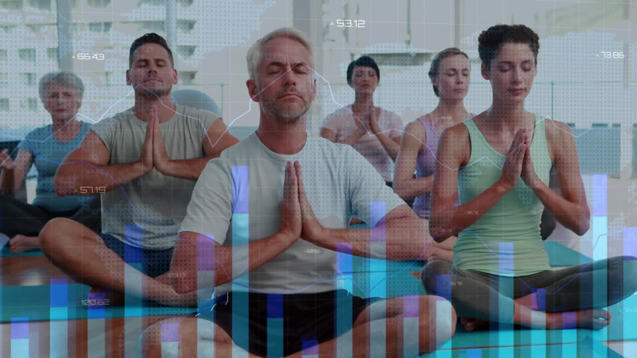 Center man leading cue while class moving hands and overlay showing bar charts for yoga metrics