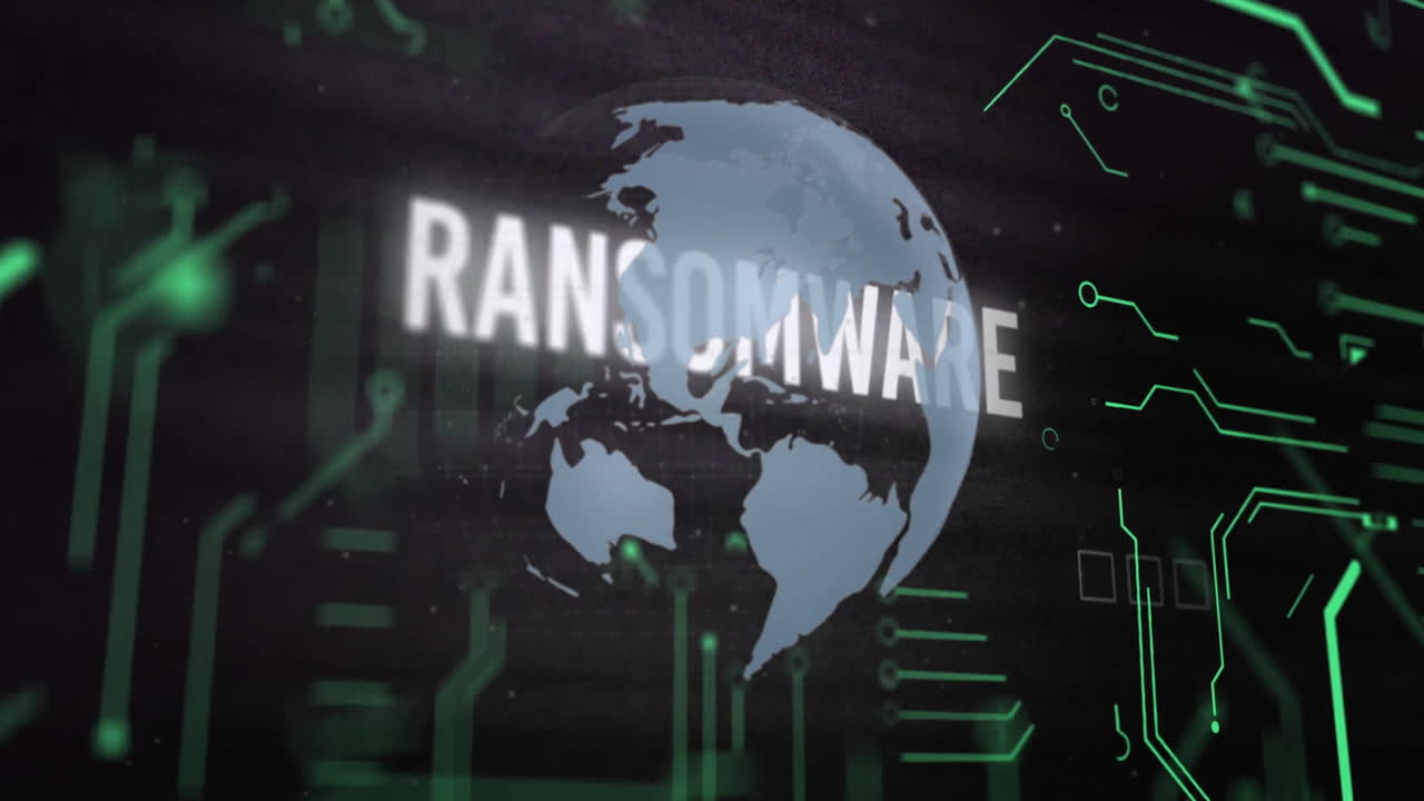RANSOMWARE text animation over rotating globe with binary code