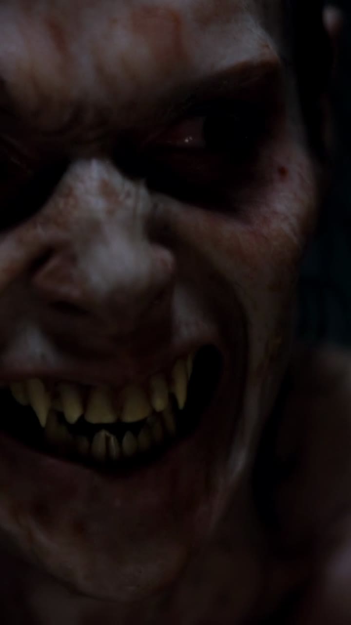 Video verticale: umanoide nudo ringhiante che mostra denti frastagliati, con spasmi mentre si sfrega il viso con la mano nell'oscurità