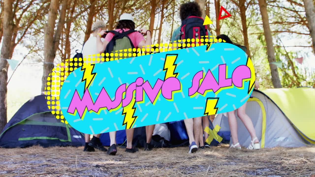 Massive Sale text animation over group setting up tents in forest