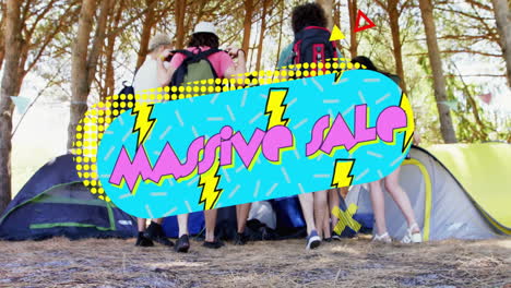 massive sale text animation over group setting up tents in forest