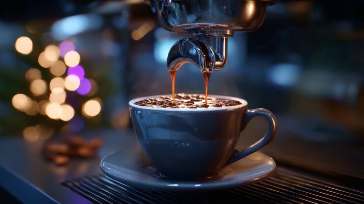 Handwerkliche Espressozubereitung: Die perfekte Kaffeeextraktion mit reichhaltiger Crema in einer warmen Tasse vor einem sanft beleuchteten Hintergrund festhalten