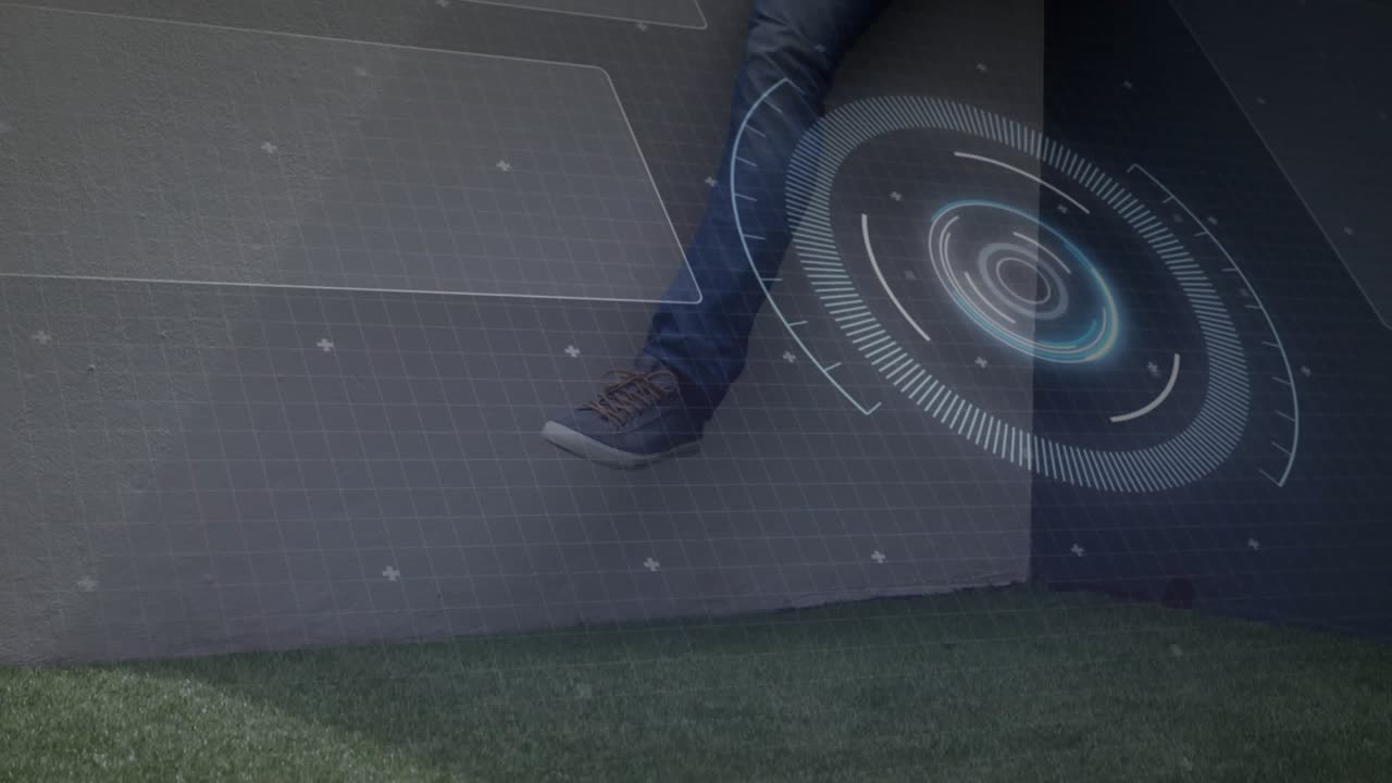 Man on concrete ledge using tablet with AR overlay analyzing tech while camera revealing HUD, chart