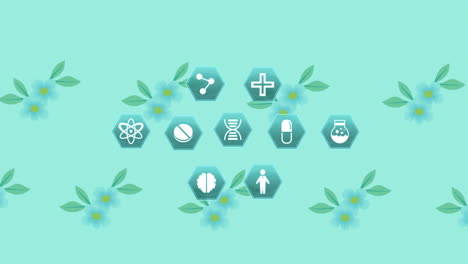 animation of medical icons over floral pattern on green background