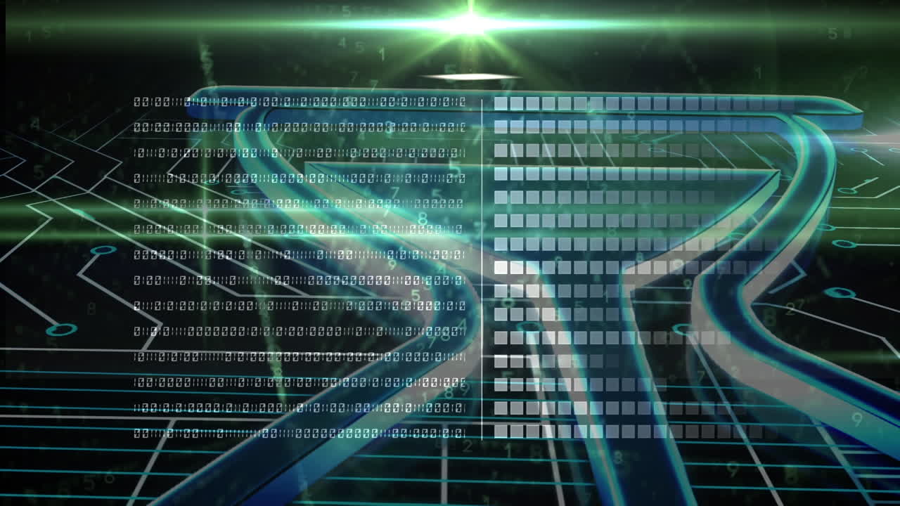 바이너리 코딩의 애니메이션, 빛나는 컴퓨터 회로판에서 데이터 처리