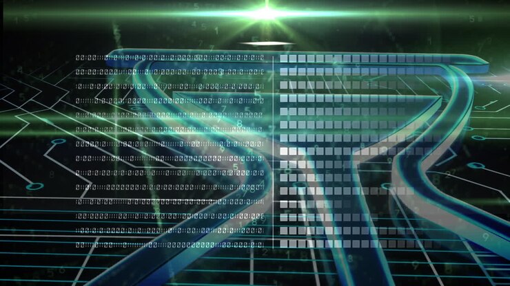 Animation of binary coding, data processing over glowing computer circuit board