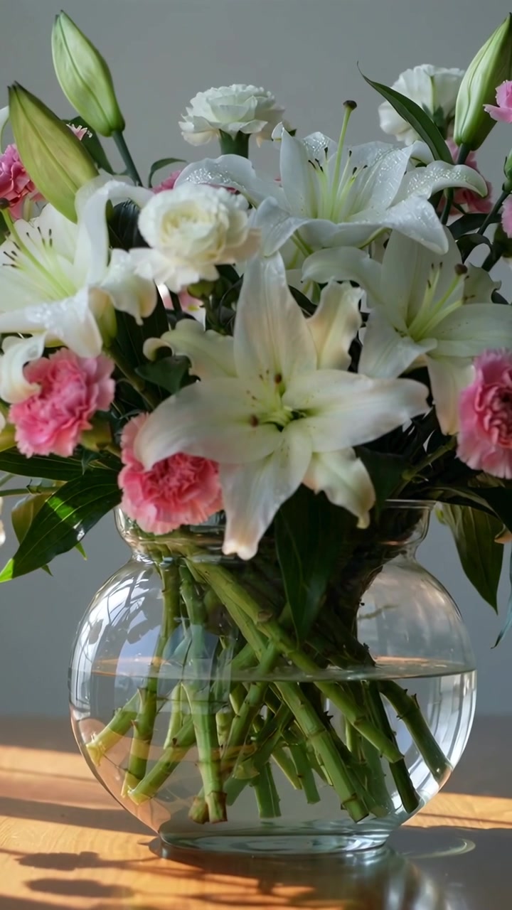 Video verticale: La telecamera si muove verso un bouquet su un tavolo, rivelando un vaso di vetro, steli e goccioline.