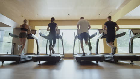 four people running on treadmills in a modern gym