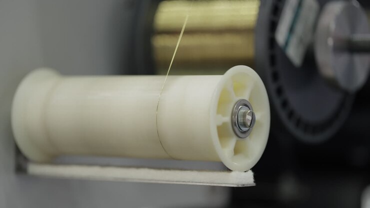 Close-up of a yarn winding machine