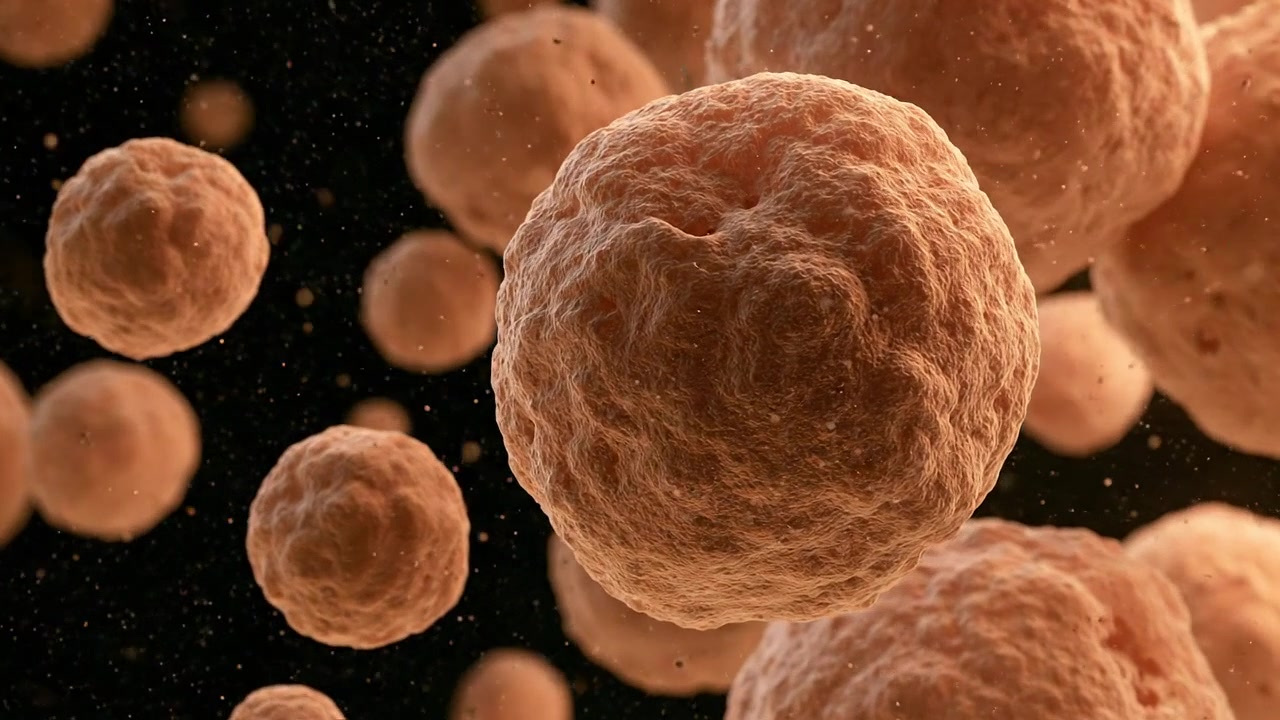 Klynge af afrundede biologiske celler svævende i detaljeret mikroskopisk videnskabelig visualisering