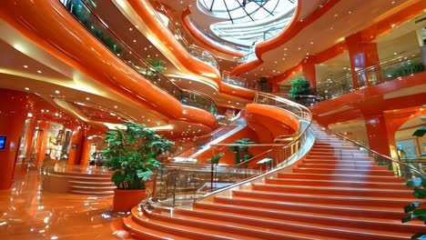 a large orange building with a spiral staircase in the middle of it