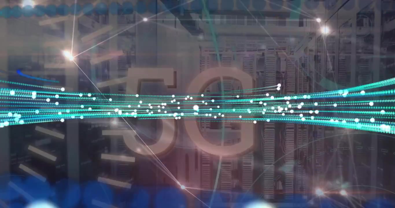 Digital 5G Network Visualization Over Server Room Background