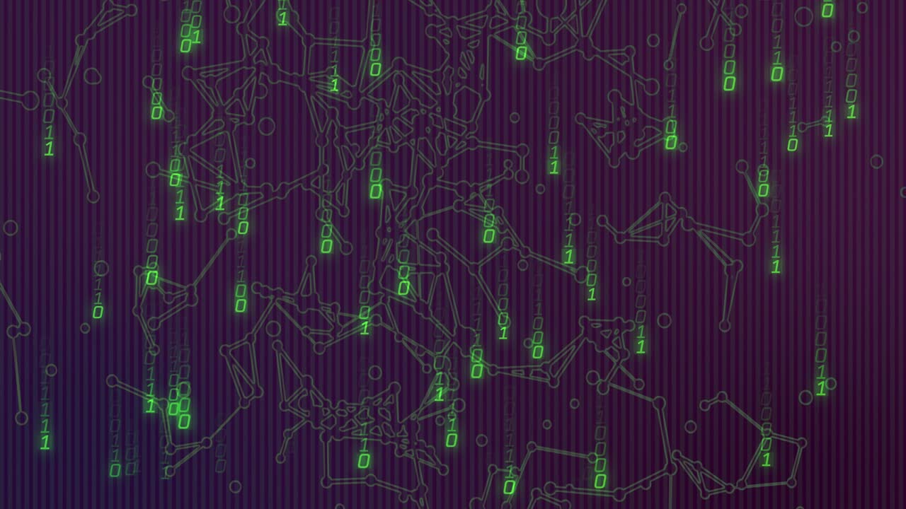 Binary glyphs appearing top and falling, connecting into data network for technology visualization
