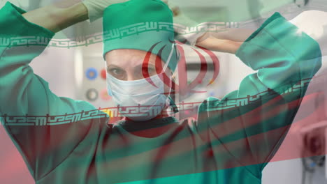 animation of flag of iran waving over female surgeon in operating theatre