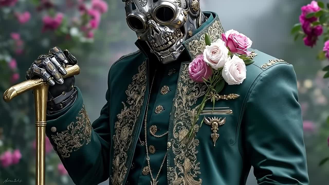A man in a gas mask holding a cane and a rose