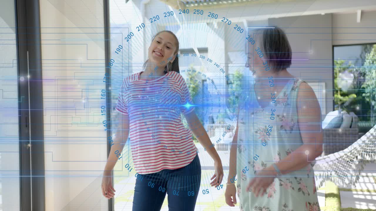 Teen reaching mother at doorway, initiating dance while blue overlay mapping motion for home design