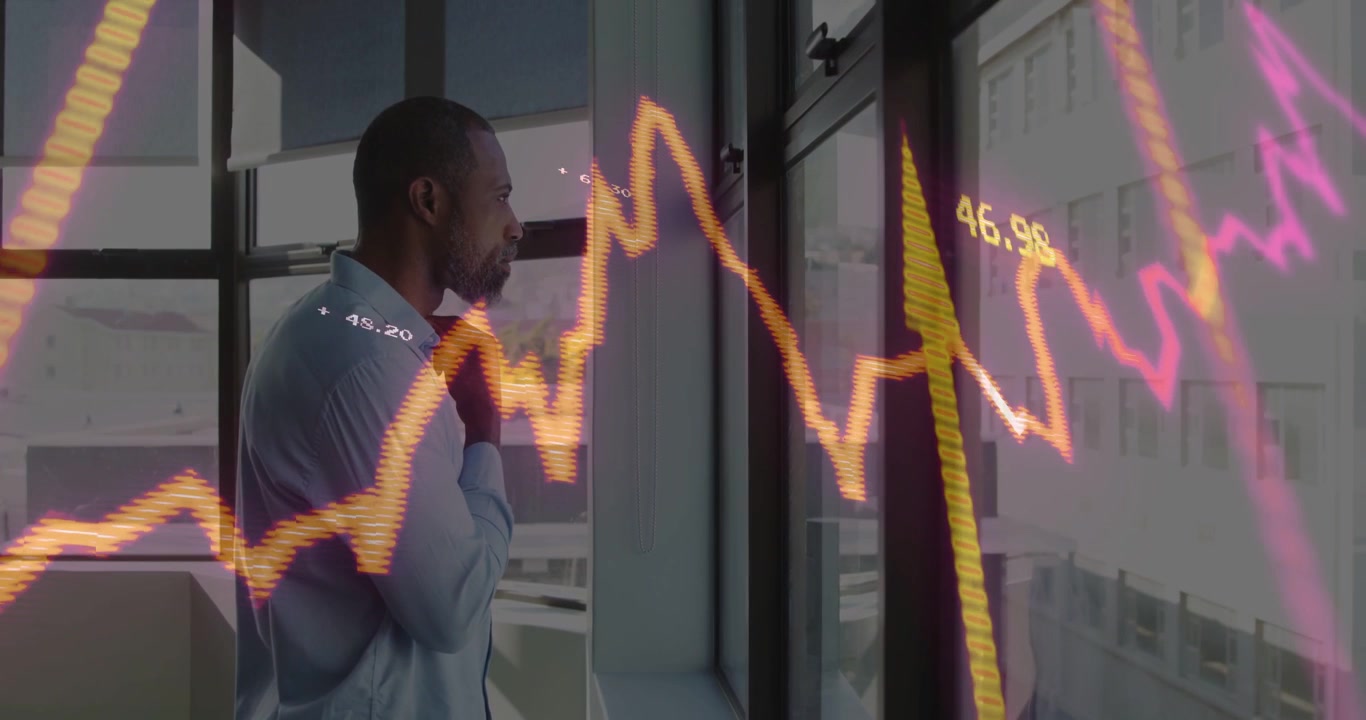Businessman watching window, monitoring markets and charts sweeping glass, hands lowering