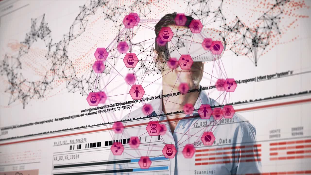 헤드 ⁇ 을 착용한 사람 위의 연결 네트워크의 애니메이션