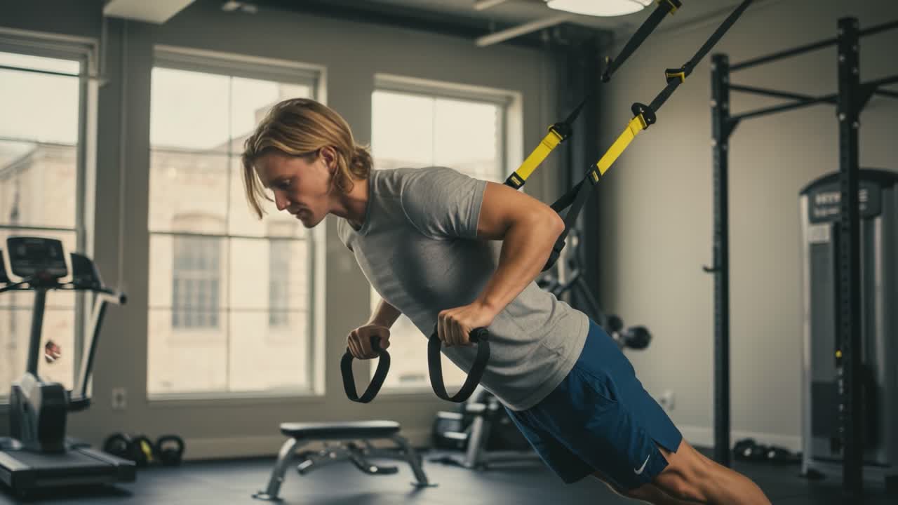 A Focused Workout Session Featuring a Young Man Utilizing TRX Suspension Training for Strength and Muscle Building in a Modern Gym Environment