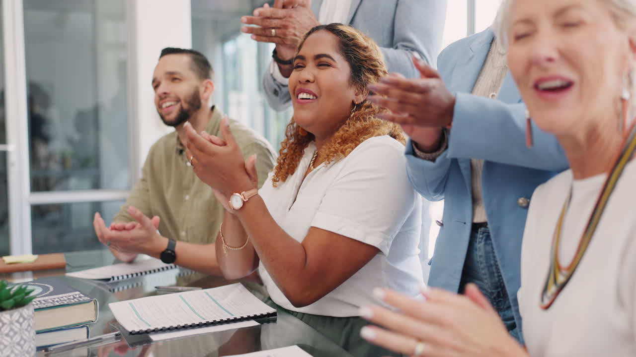 Business people, meeting and applause