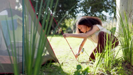 tent, nature and woman with a setup for a camp