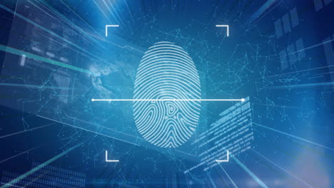 animation of biometric fingerprint being scanned, network of connections and data processing