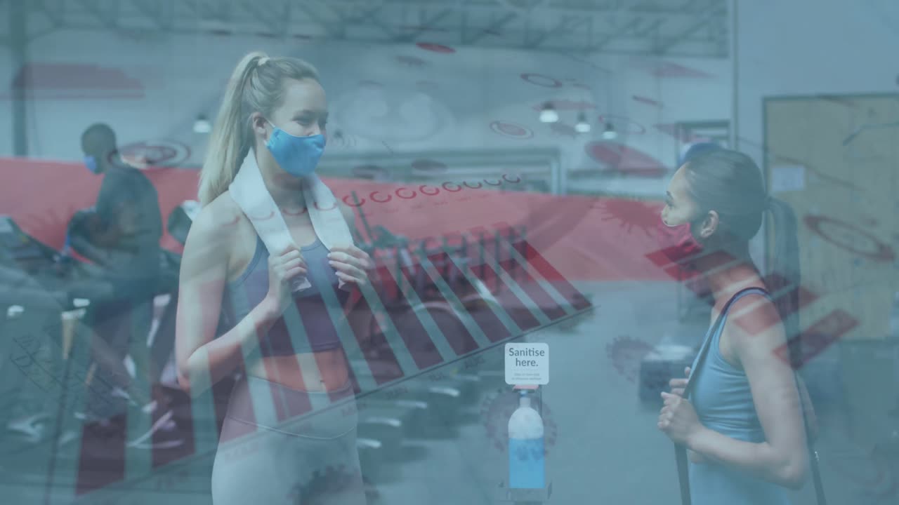 анимация обработки данных с помощью вирусных клеток на разных людях в тренажерном зале.