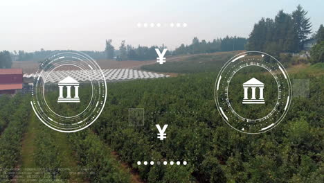 financial symbols and bank icons animation over agricultural field with green crops