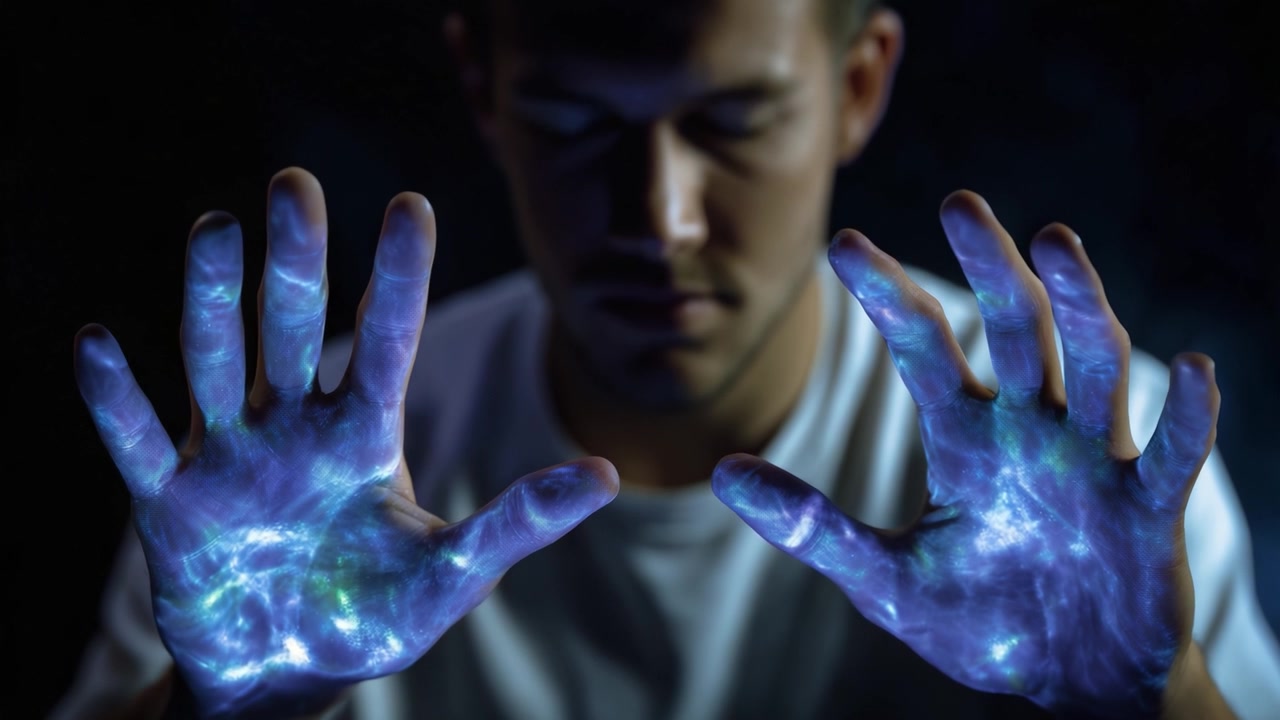 A Mystical Exploration of Light and Energy: A Person Meditates with Illuminated Hands, Revealing Beautiful Cosmic Patterns in the Dark Environment.