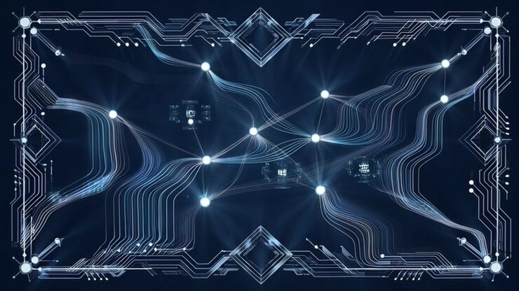Digital Circuit Board Interface with Glowing Data Connections