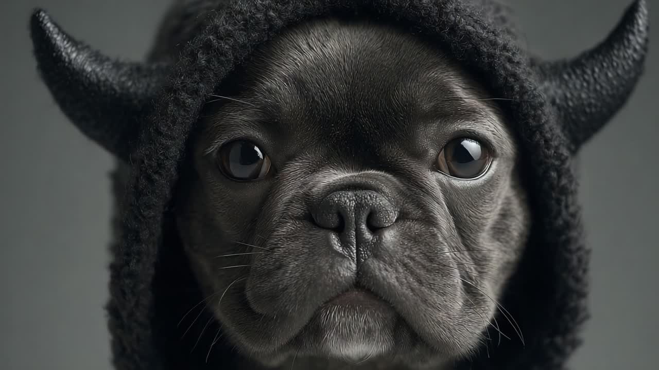 Adorable French Bulldog Dressed in a Cute Devil Costume, Exuding Charm and Playfulness with Curved Horns and Expressive Eyes