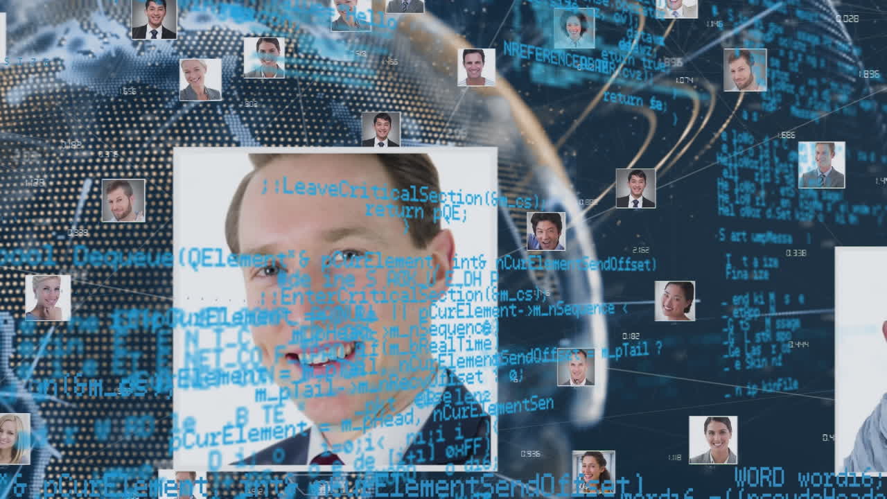 어두운 배경 위의 데이터 처리 및 연결 네트워크의 애니메이션