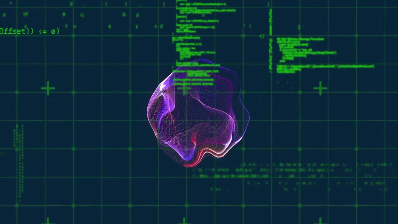 Animation of abstract pattern over grid pattern on computer language against black background