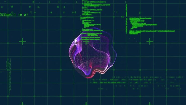 Animation of abstract pattern over grid pattern on computer language against black background