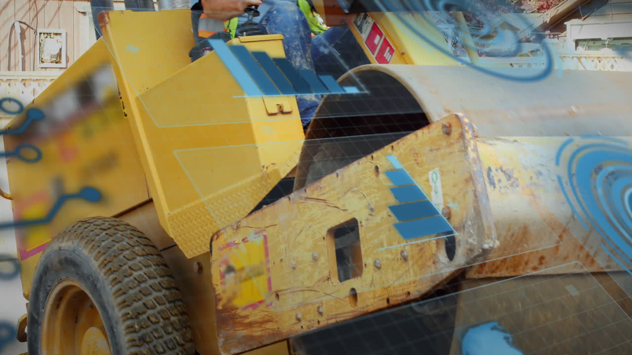 Animation of graphs, circles, circuit board pattern over road roller levelling construction ground