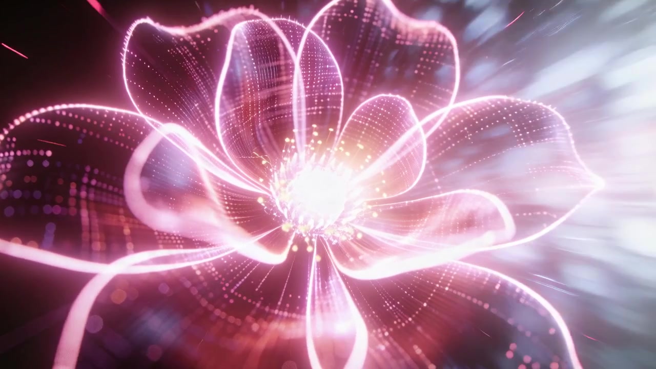Telecamera che zooma verso un fiore olografico rosa neon in un vuoto oscuro, con il nucleo che pulsa ed emette scintille