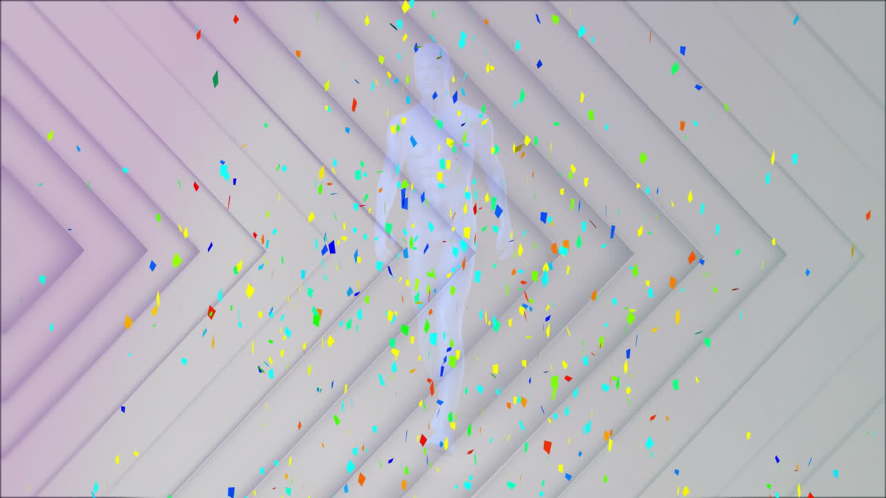 Falling colorful confetti over geometric white background with layered animation patterns