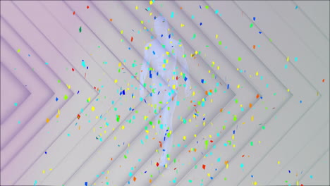 falling colorful confetti over geometric white background with layered animation patterns