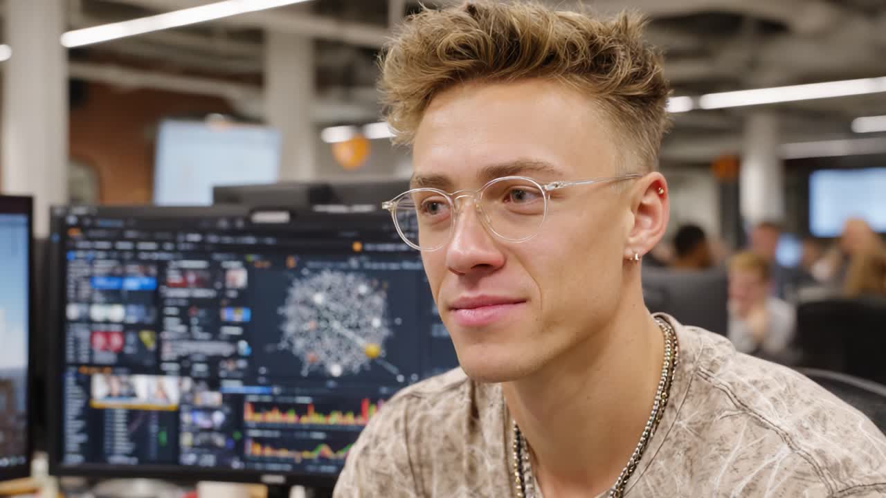 A focused individual in a modern office environment, engaged in deep thought while analyzing data on multiple screens, showcasing diligence and determination