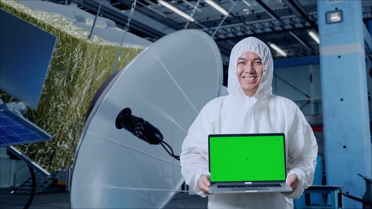 científico masculino asiático sonriendo y mostrando una computadora portátil de pantalla verde mientras está de pie con la construcción de una nave espacial