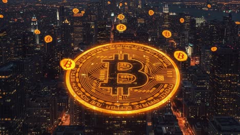 a stunning aerial view of a bitcoin symbol illuminating the skyline at night, symbolizing the growth of cryptocurrency and digital finance innovations