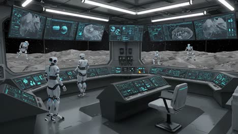 exploration command center: advanced robotics and control systems monitoring lunar mission from a cutting-edge spacecraft's command module
