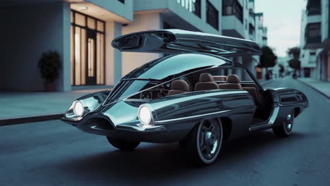 a futuristic chrome concept car on a city street