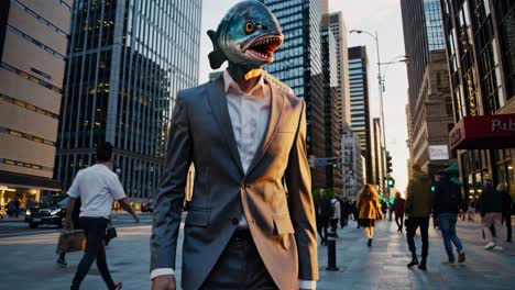 man in a fish mask on a city street