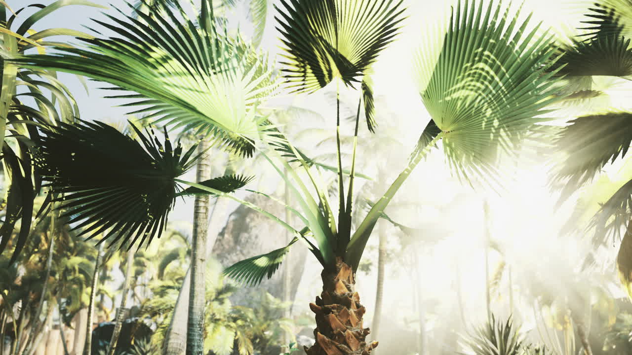 Sunlight streaming through lush palm leaves in a tropical paradise