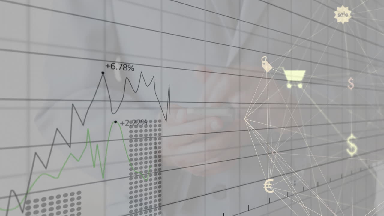 animación del procesamiento de datos financieros sobre un empresario que usa un teléfono inteligente