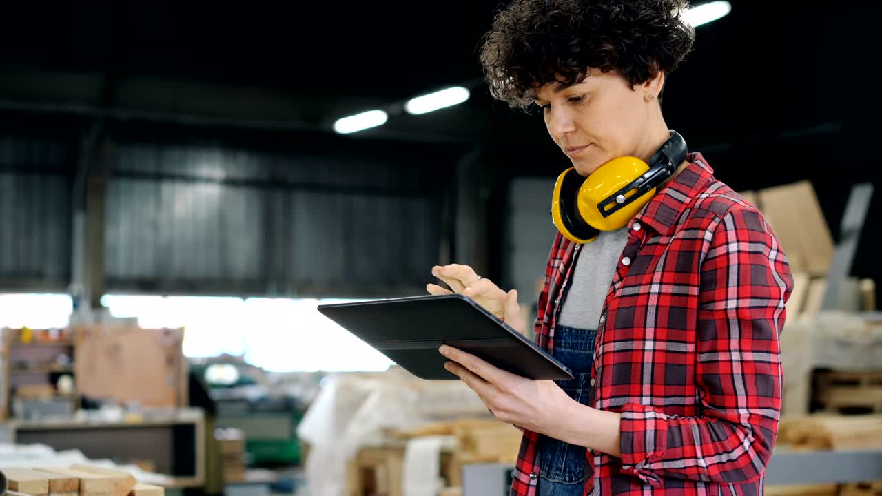 Young woman using tablet in wood workshop looking around and touching screen