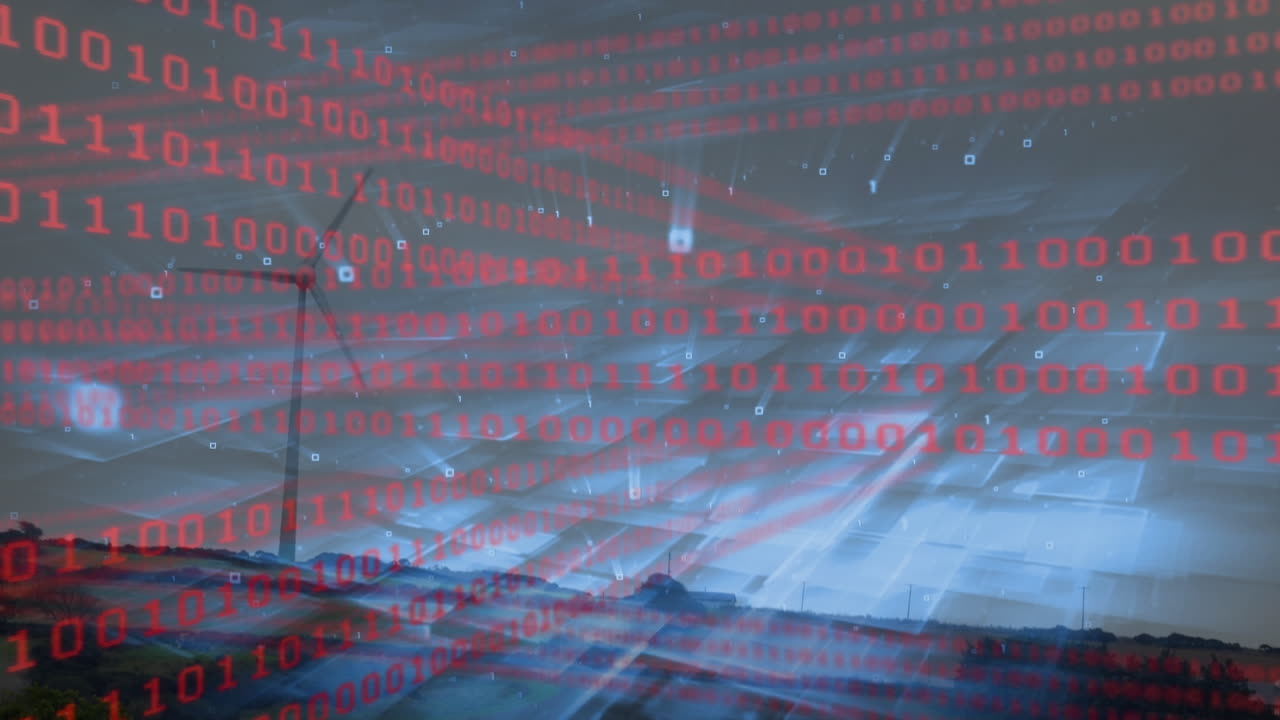 animación del procesamiento de datos sobre la turbina eólica y el cielo