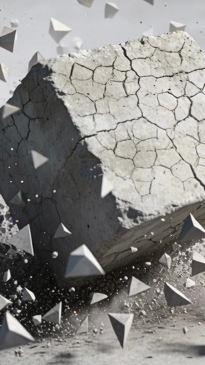 Vertical video: Widening hairline cracks spreading across concrete block in studio, ejecting chips